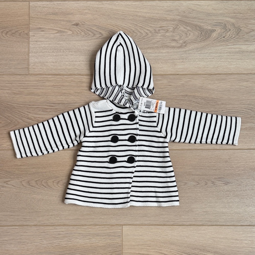 NWT First Impressions Black + White Striped Knit Hoodie Sweater Button-up Jacket